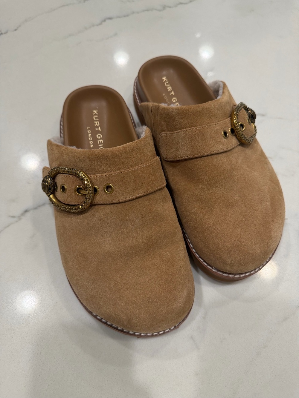 Kurt Geiger Camel Suede Buckle Mules